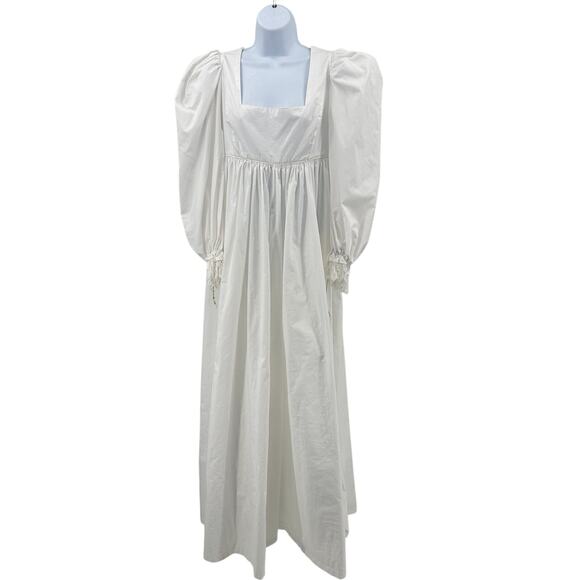 Vtg Maxi Dress WMNS XS White Puff Long Sleeve Square Neck Crochet Cuff Unbranded - Picture 1 of 14
